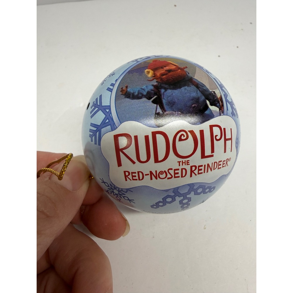 Rudolph Red-Nosed Reindeer Yukon Cornelius Tin Ornament Ball Gift Container 3in